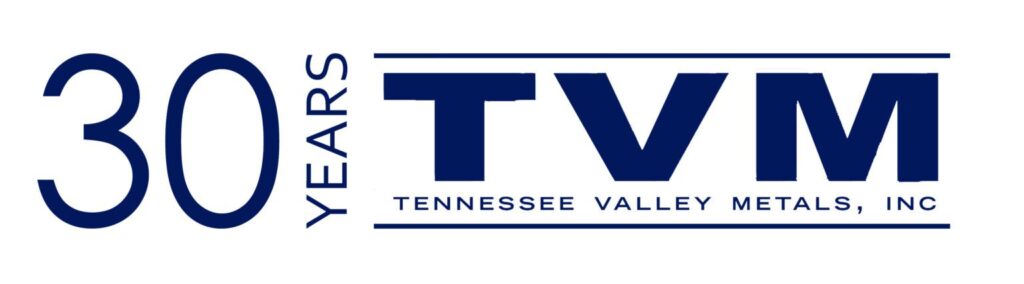 Logo reads 30 Years TVM Tennessee Valley Metals, Inc. in blue text on a white background.