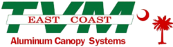 Logo for TVM East Coast Aluminum Canopy Systems with a red crescent and palm tree on the right.
