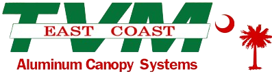 TVM East Coast Aluminum Canopy Systems logo with a red crescent and palm tree on a gray background.